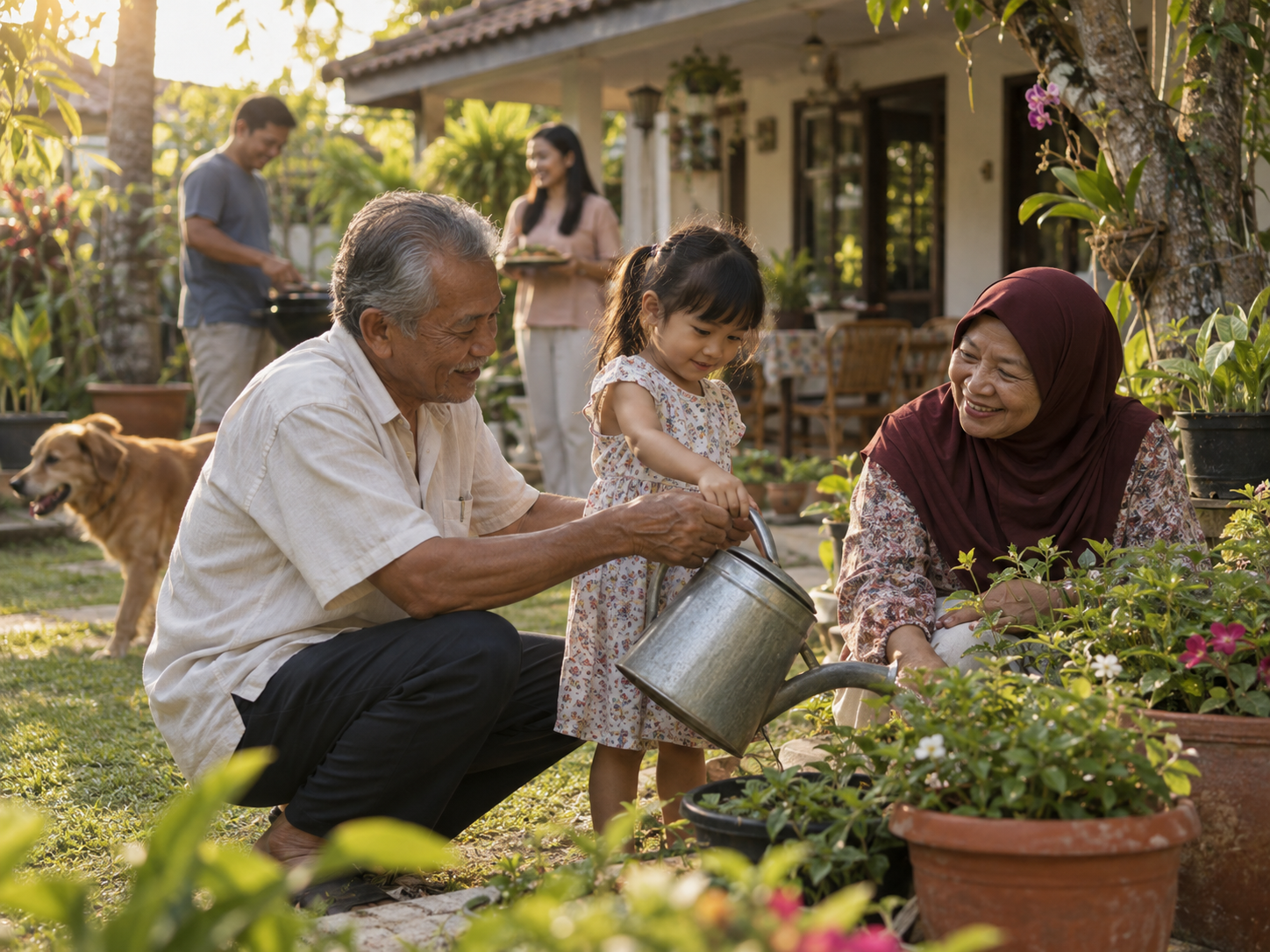 A Malaysian family sharing an afternoon in their garden.