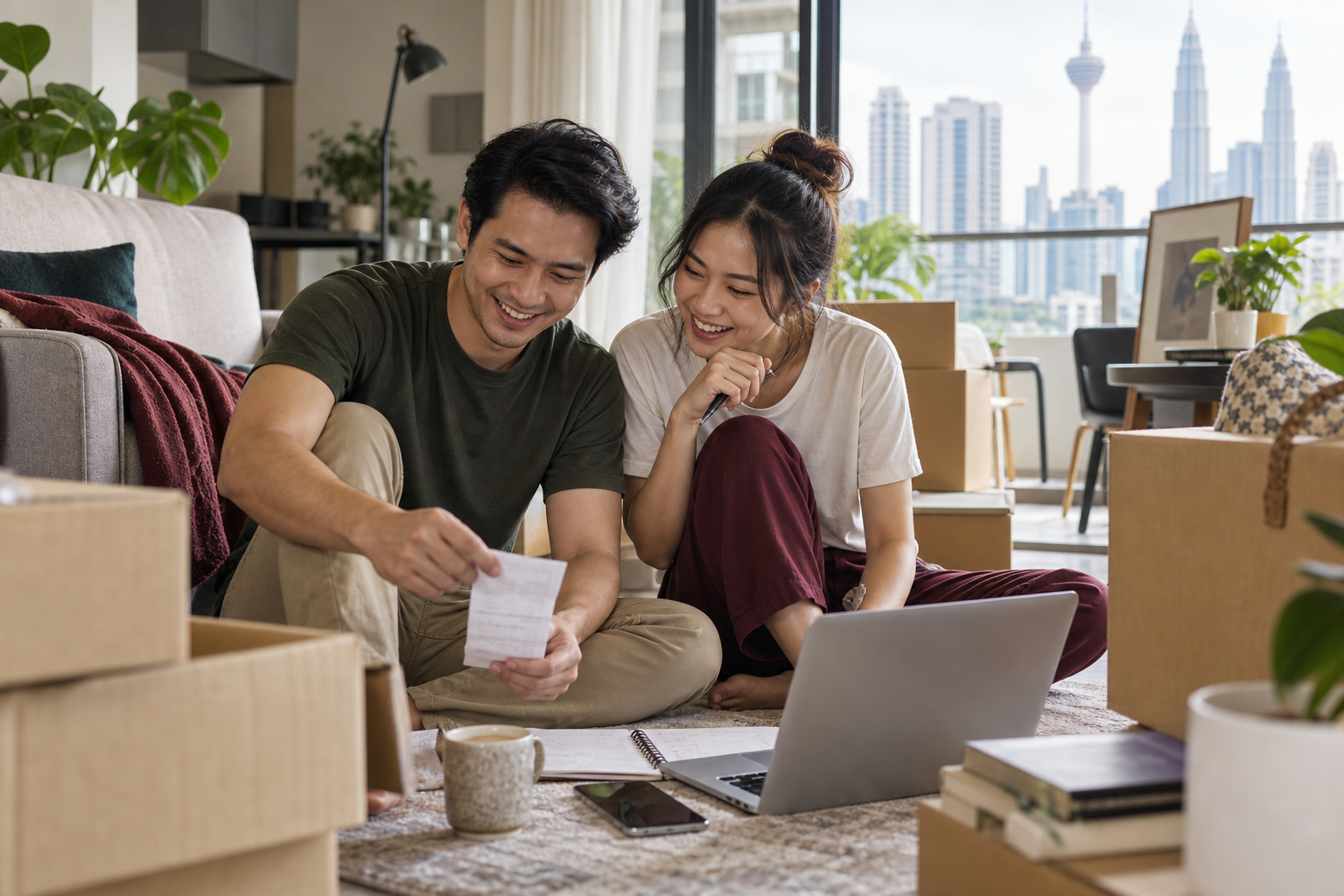 A young Malaysian couple planning together in their first home.
