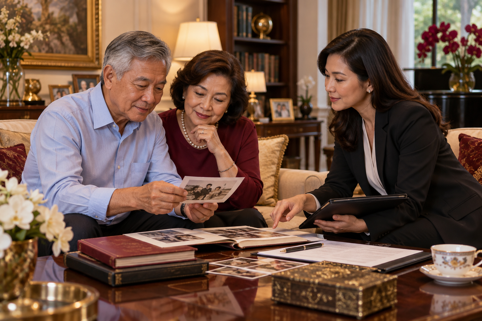 A mature couple discussing family legacy arrangements with an adviser.
